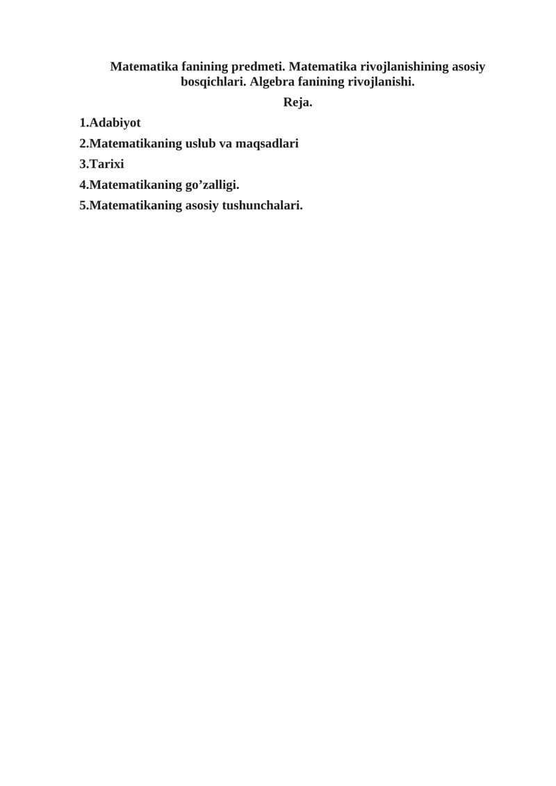 Matematika fanining predmeti
