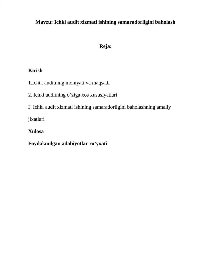 Ichki audit xizmati ishining samaradorligini baholash
