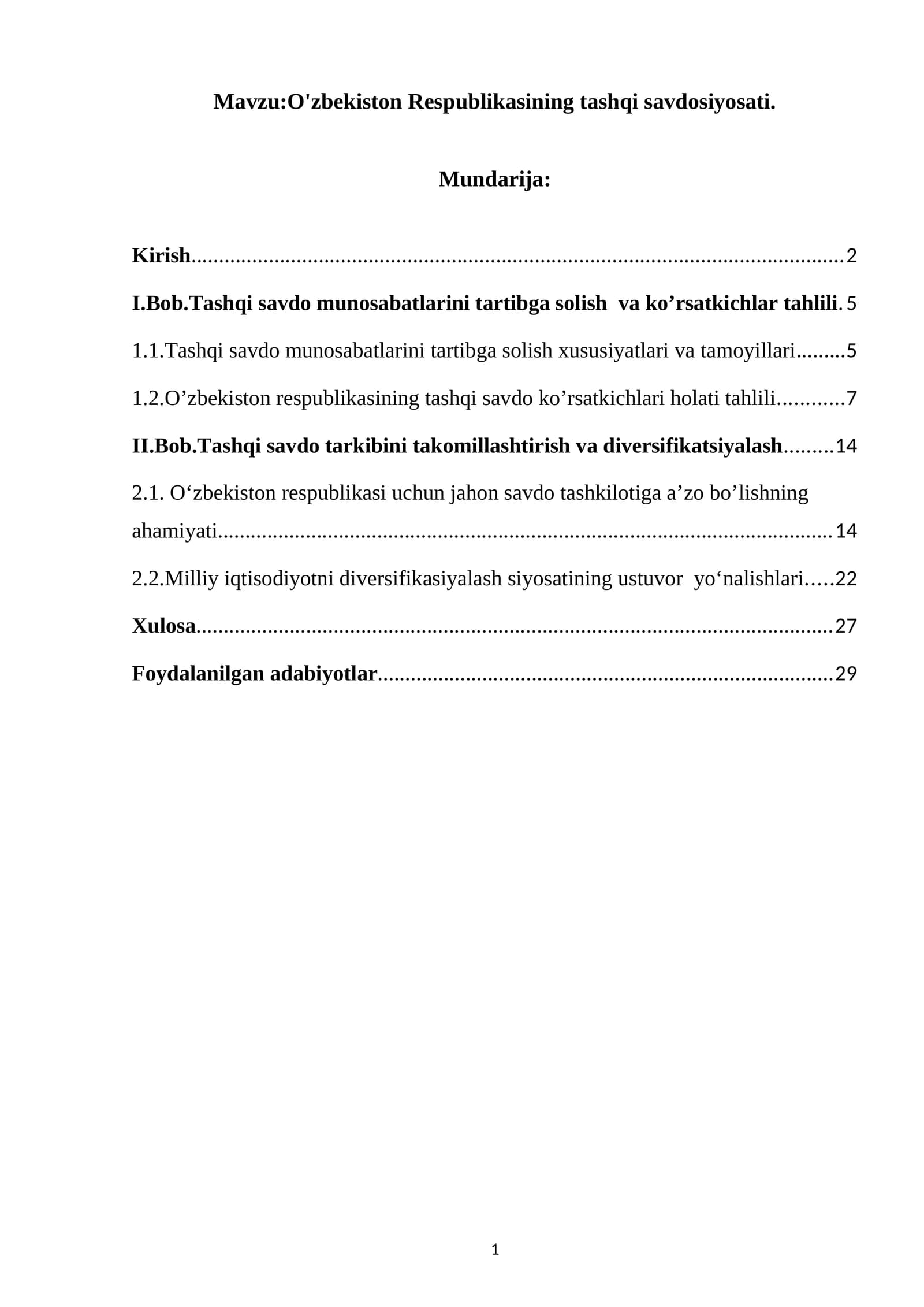O'zbekiston Respublikasining tashqi savdosiyosati
