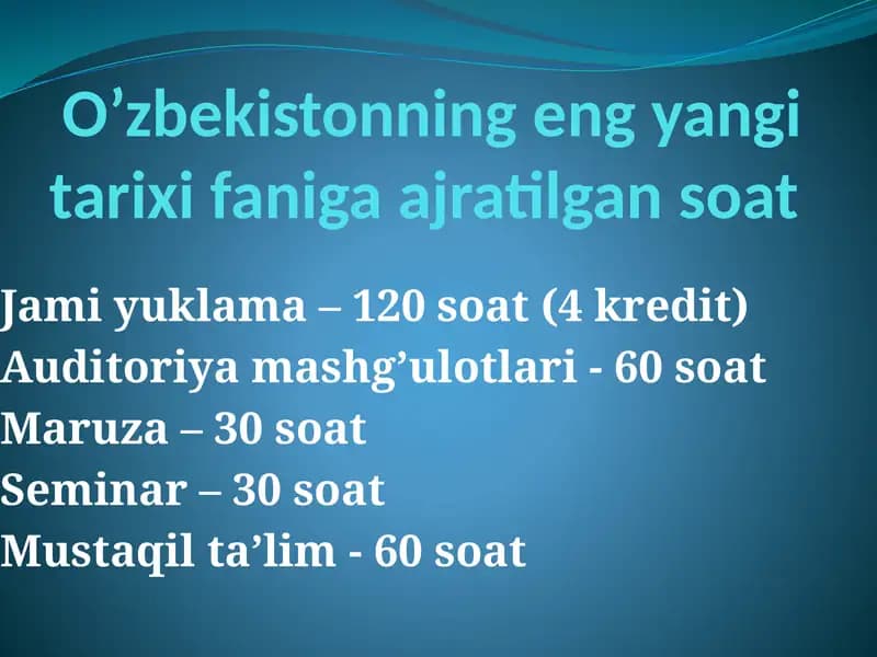 O’zbekistonning eng yangi tarixi faniga ajratilgan soat