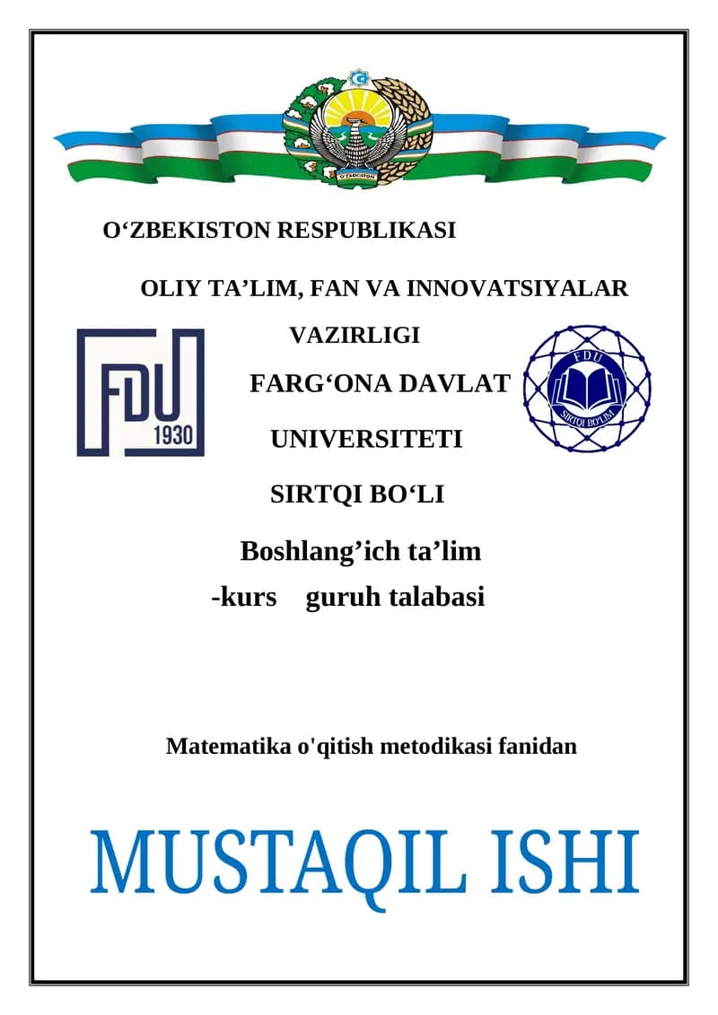 Mavzu: Boshlang'ich sinflarda darsdan tashqari matematik faoliyatni tashkil qilish
