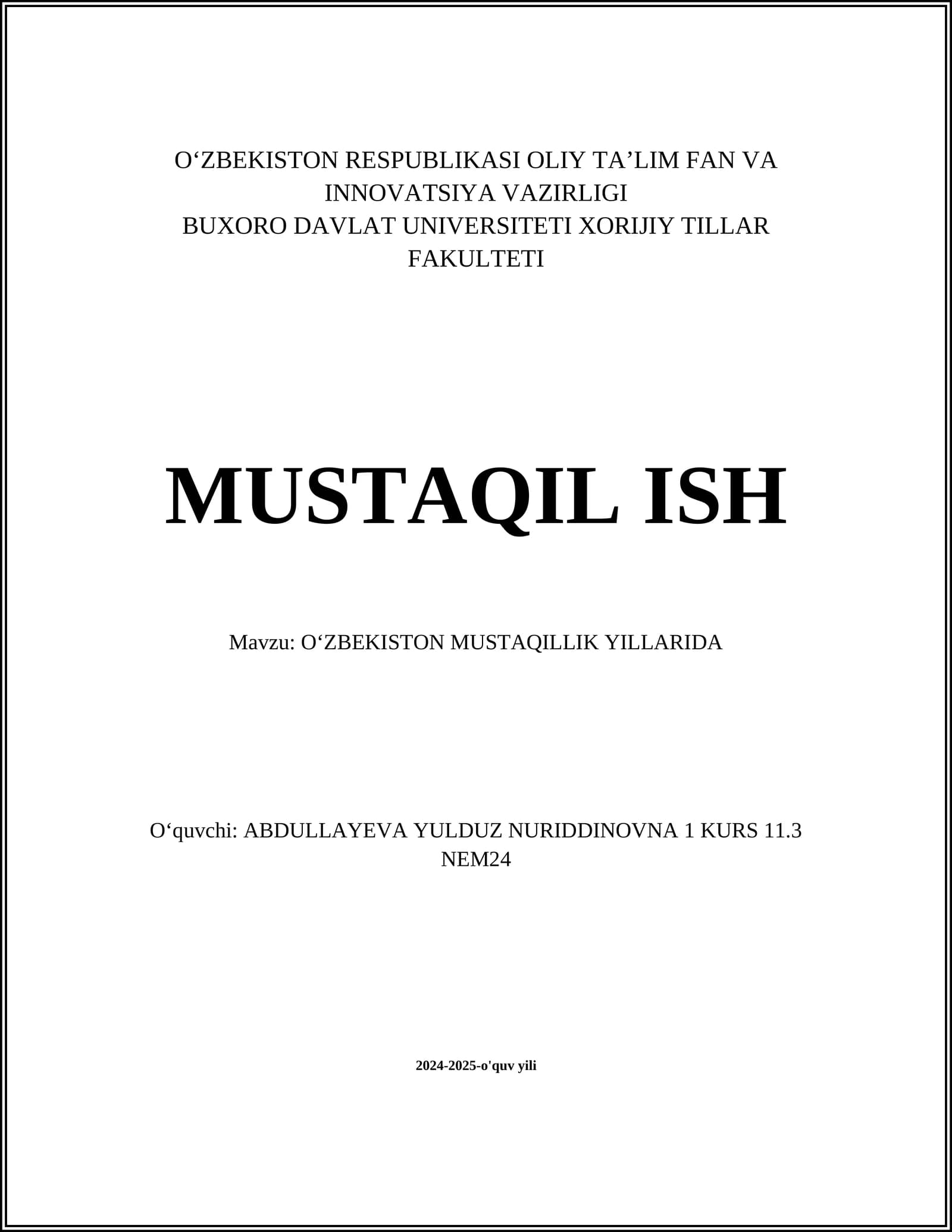 OʻZBEKISTON MUSTAQILLIK YILLARIDA