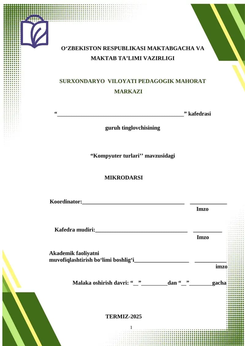 “Kompyuter turlariʼʼ mavzusidagi MIKRODARSI