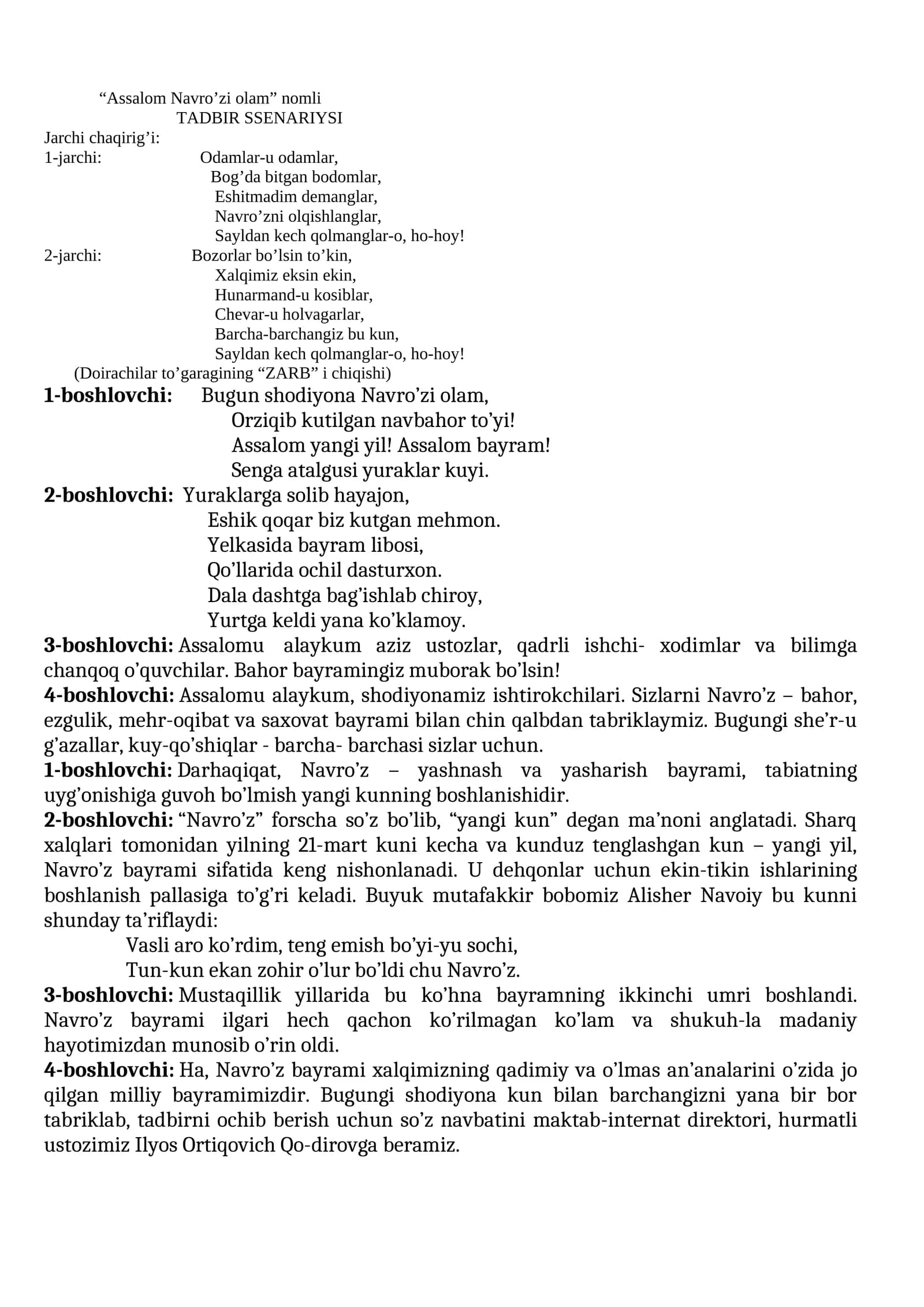“Assalom Navro’zi olam” nomli TADBIR SSENARIYSI