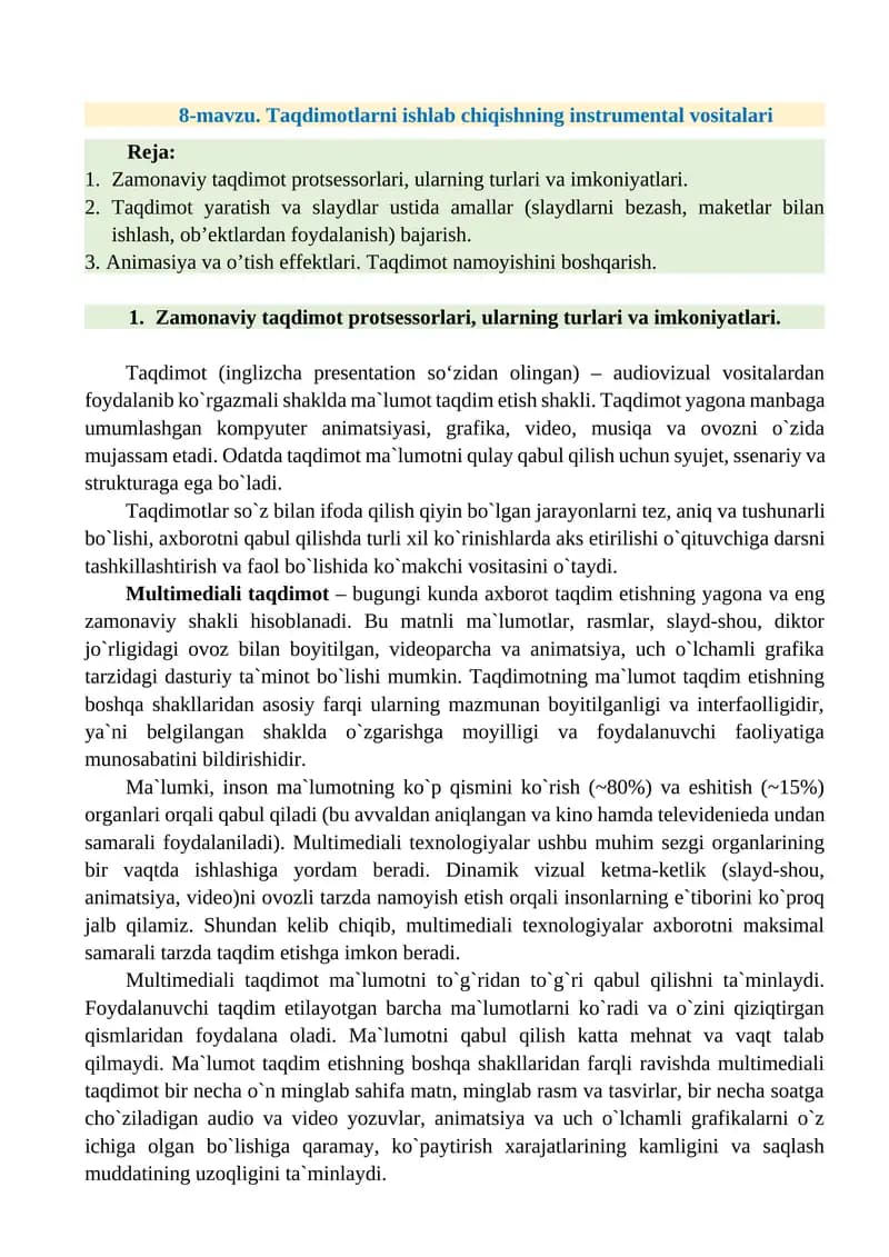 Taqdimotlar va ularning imkoniyatlari