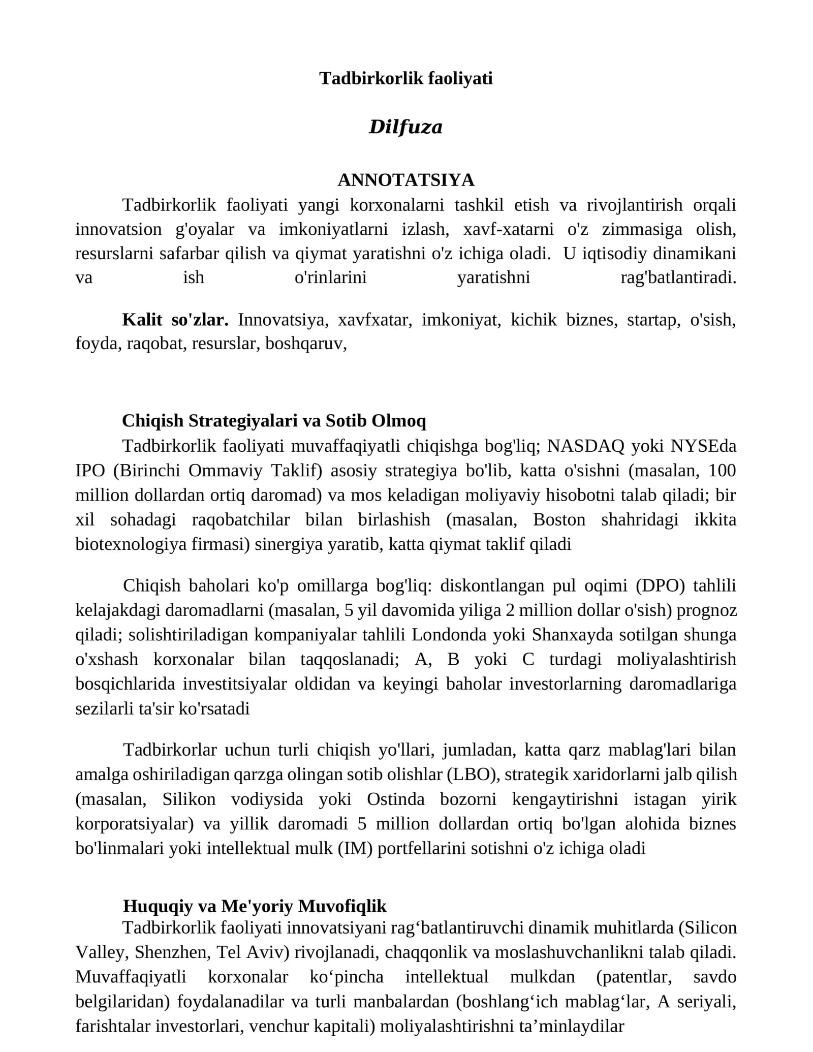 Tadbirkorlik faoliyati