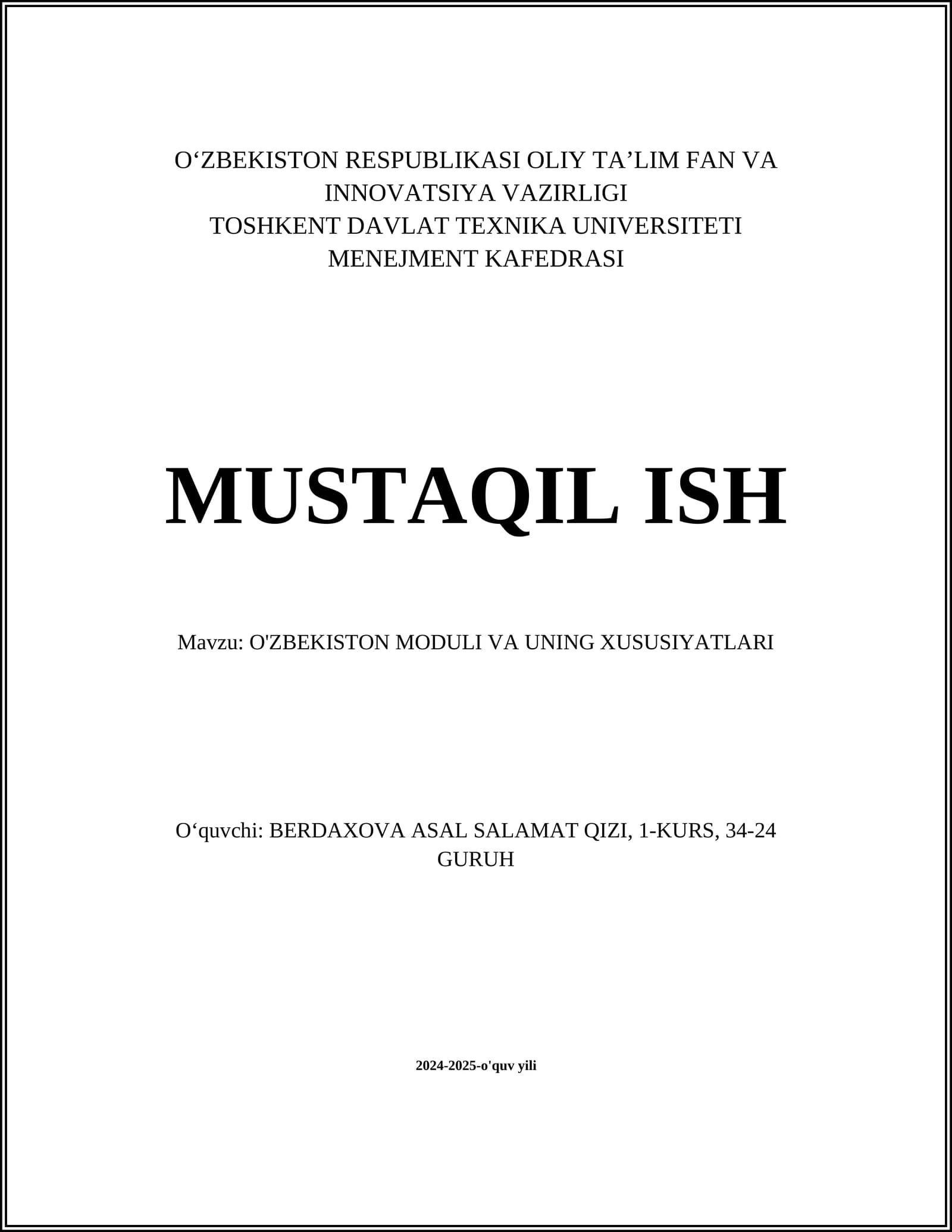 O'ZBEKISTON MODULI VA UNING XUSUSIYATLARI