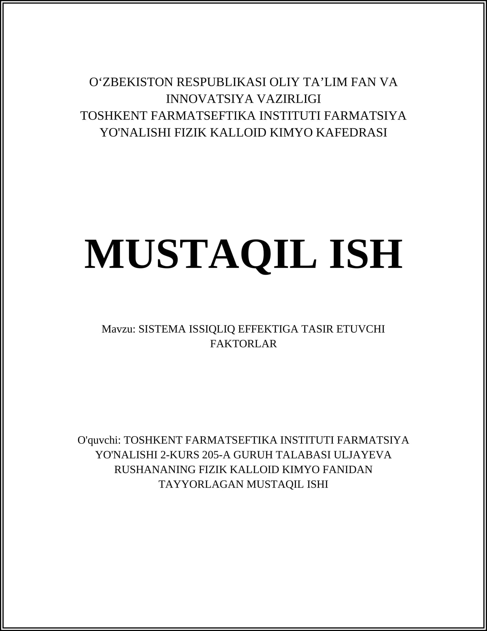 SISTEMA ISSIQLIQ EFFEKTIGA TASIR ETUVCHI FAKTORLAR