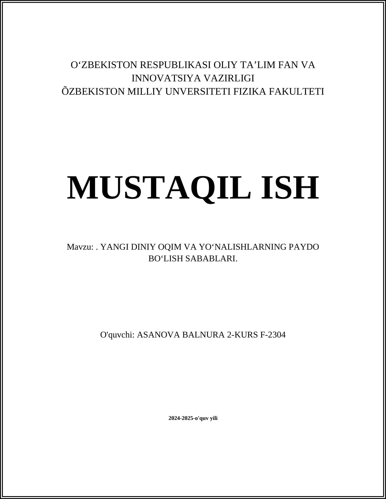 YANGI DINIY OQIM VA YO‘NALISHLARNING PAYDO BO‘LISH SABABLARI