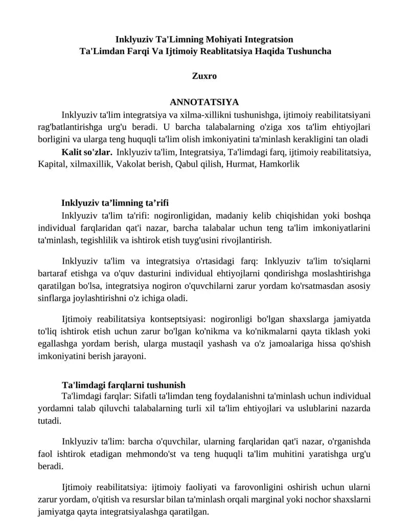 Inklyuziv Ta'Limning Mohiyati Integratsion