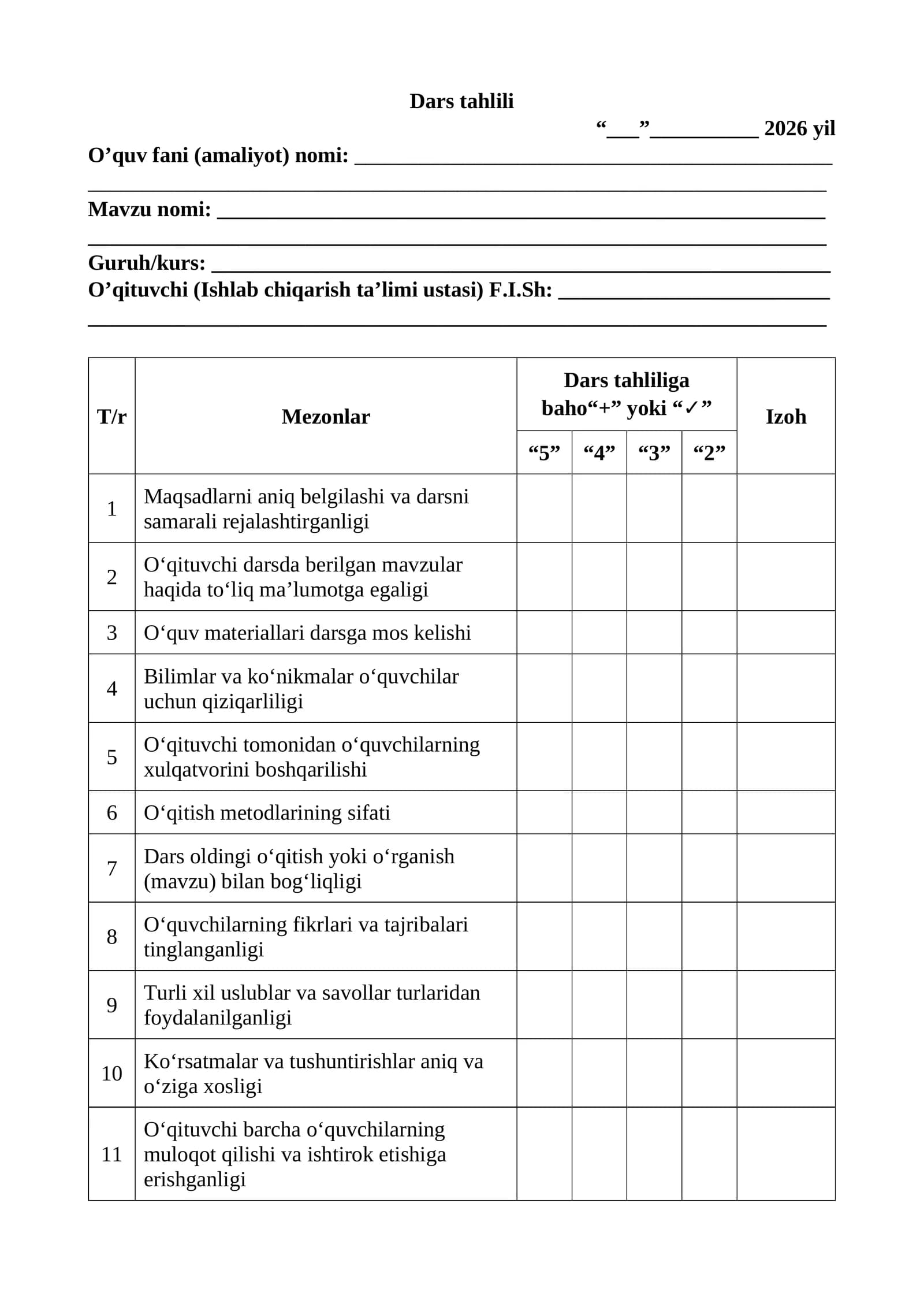 Dars tahlili(Texnikumlar uchun)