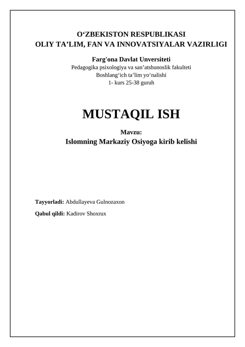 Islomning Markaziy Osiyoga kirib kelishi