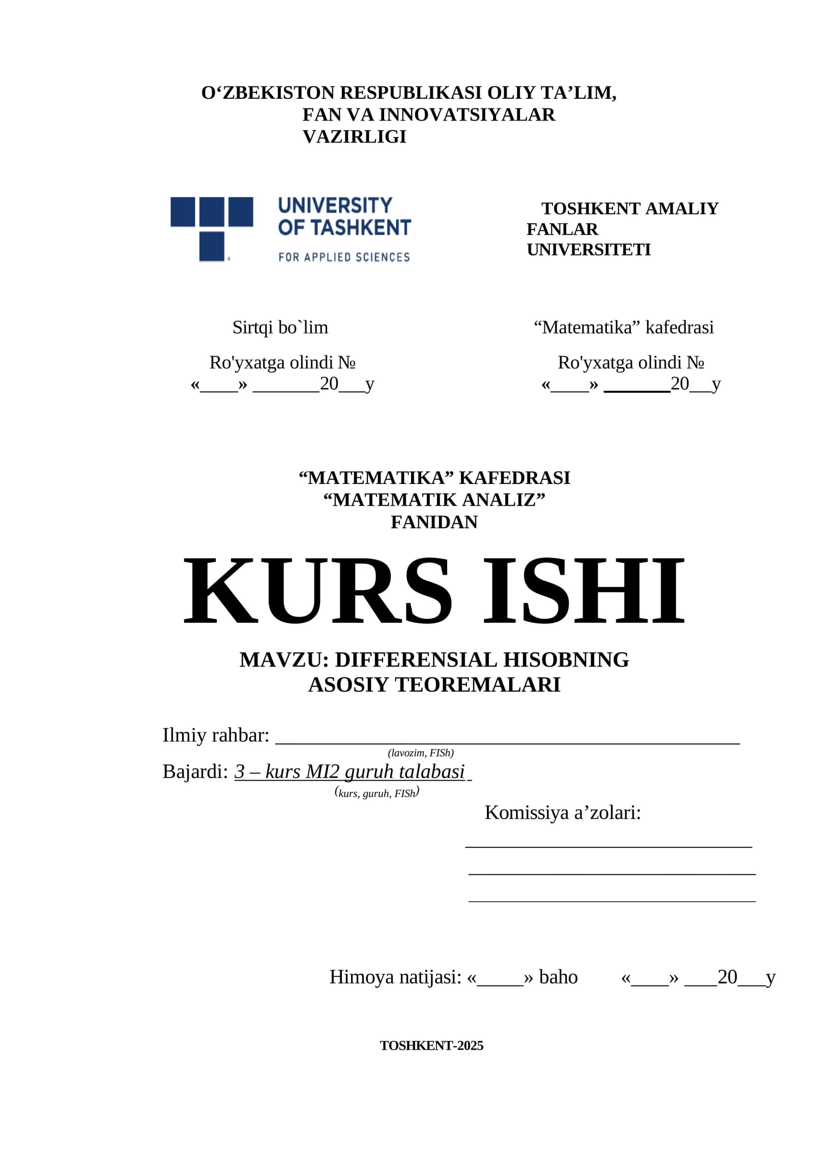 KURS ISHI: DIFFERENSIAL HISOBNING ASOSIY TEOREMALARI