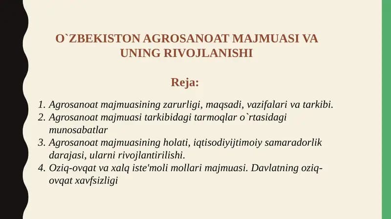 O`ZBEKISTON AGROSANOAT MAJMUASI VA UNING RIVOJLANISHI