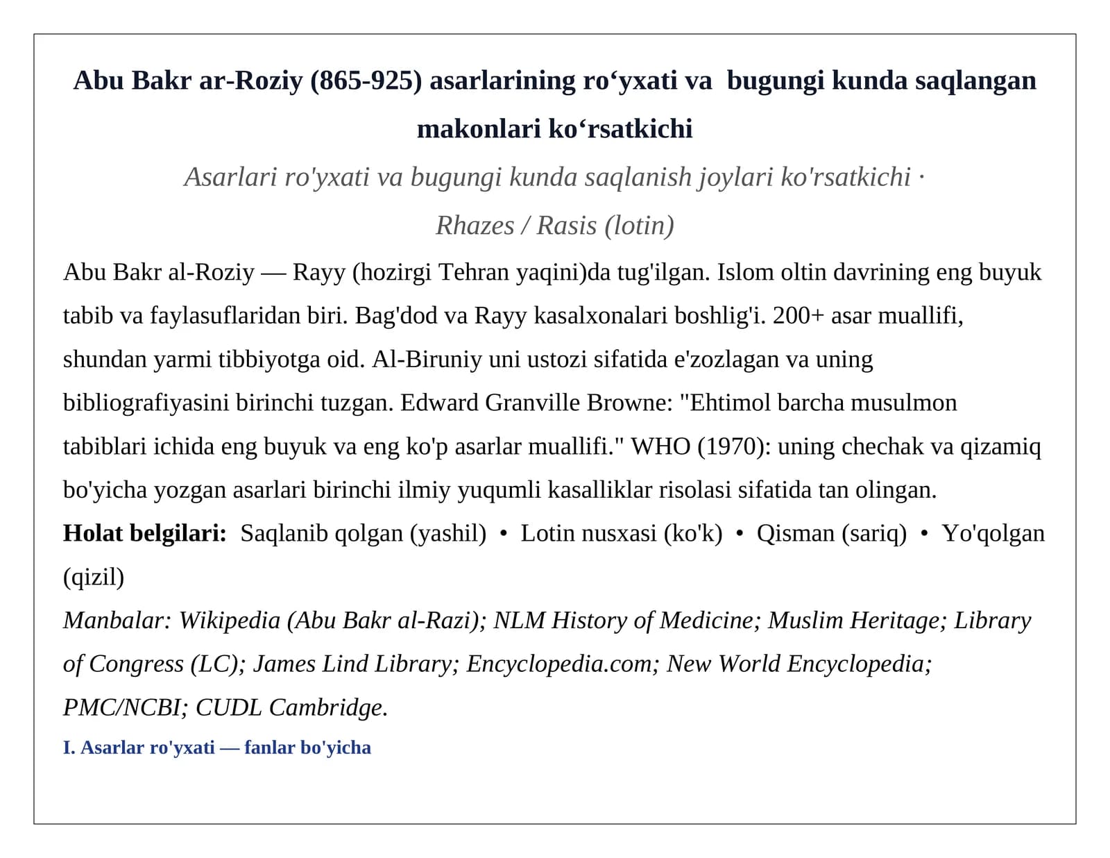 Abu Bakr ar-Roziy (865-925) asarlari