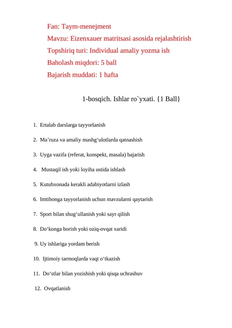 Eizenxauer matritsasi asosida rejalashtirish