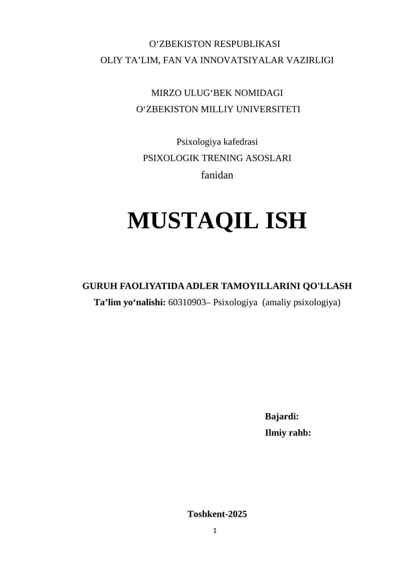 GURUH FAOLIYATIDA ADLER TAMOYILLARINI QO'LLASH