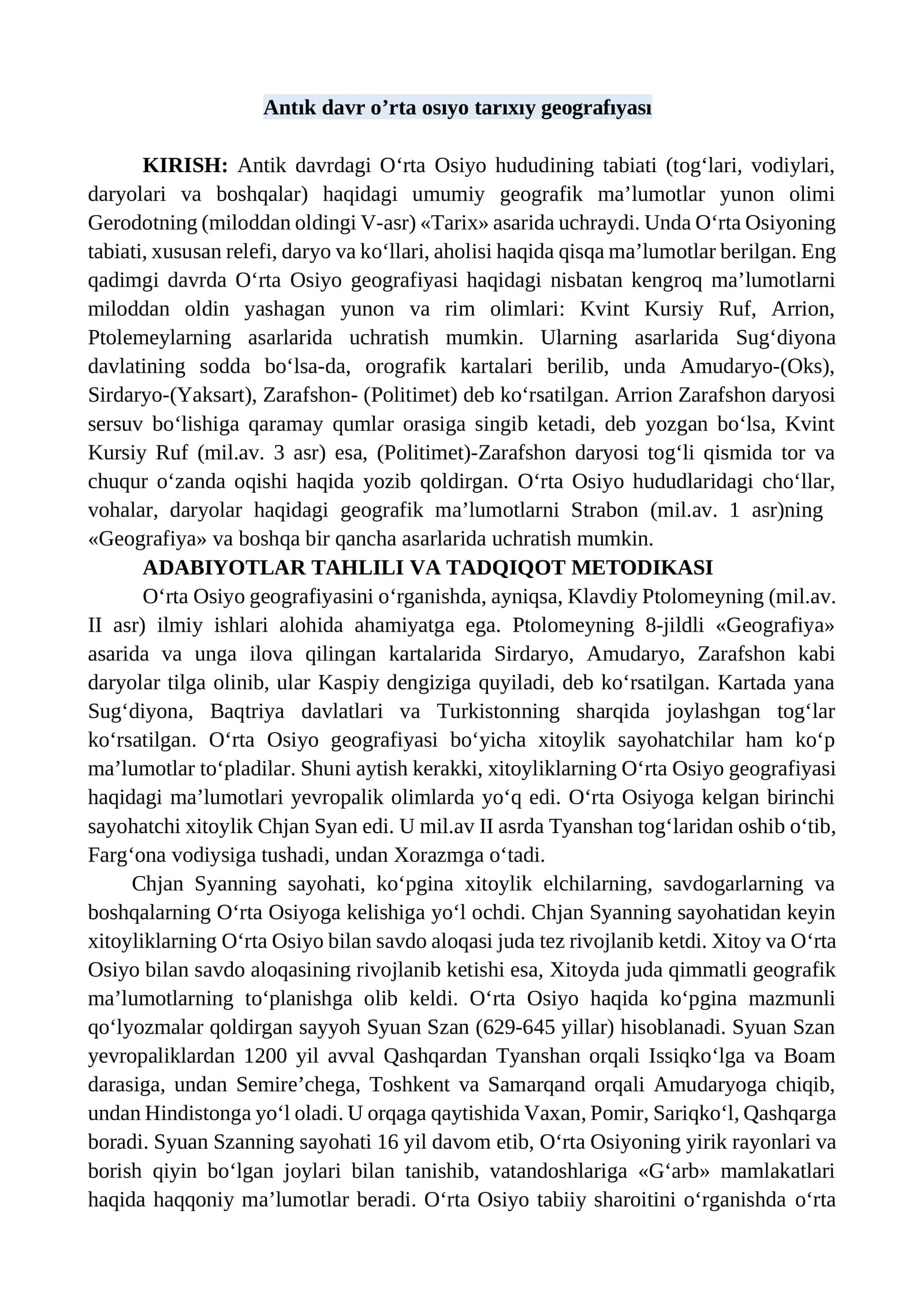 Antık davr o’rta osıyo tarıxıy geografıyası