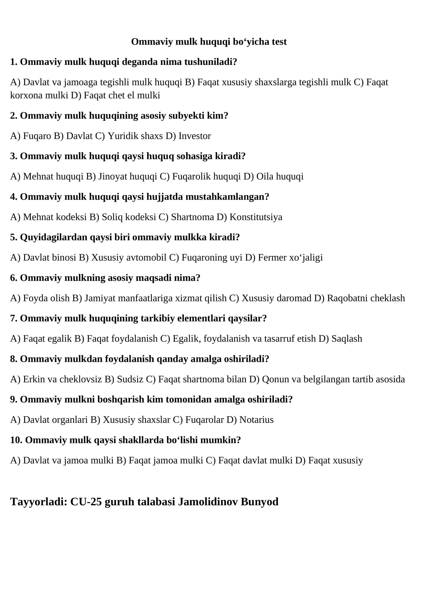 Ommaviy mulk huquqi bo‘yicha test