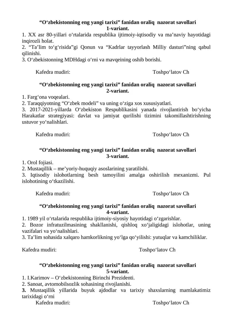 O‘zbekistonning eng yangi tarixi fanidan oraliq nazorat savollari 1-variant
