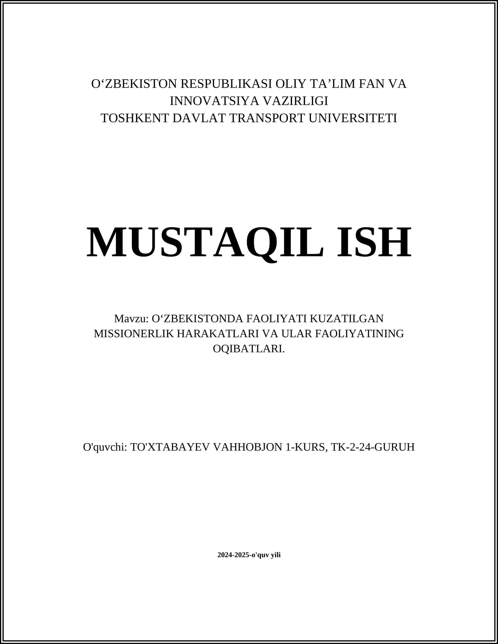 Missionerlik Harakatlari O‘zbekistonda
