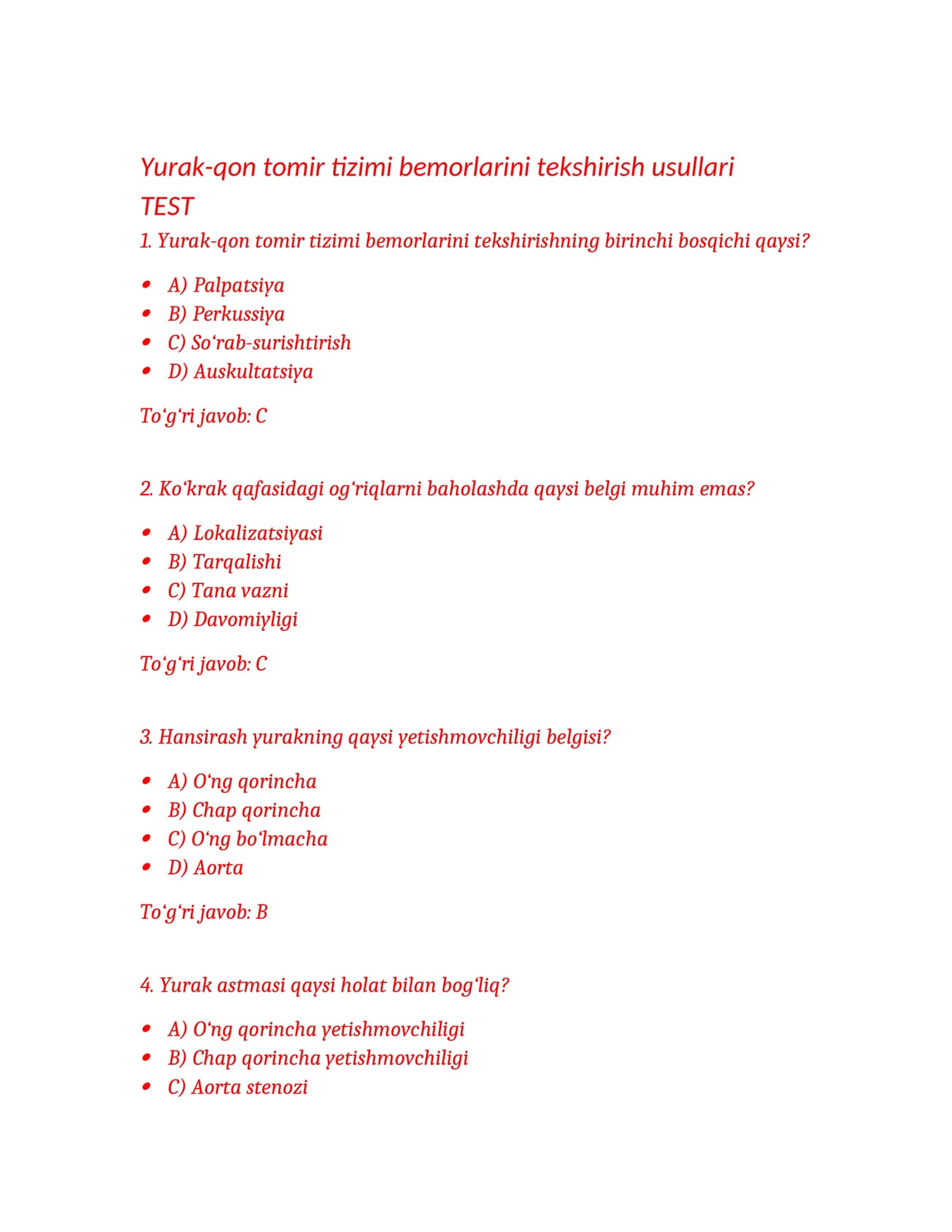 Yurak-qon tomir tizimi bemorlarini tekshirish usullari