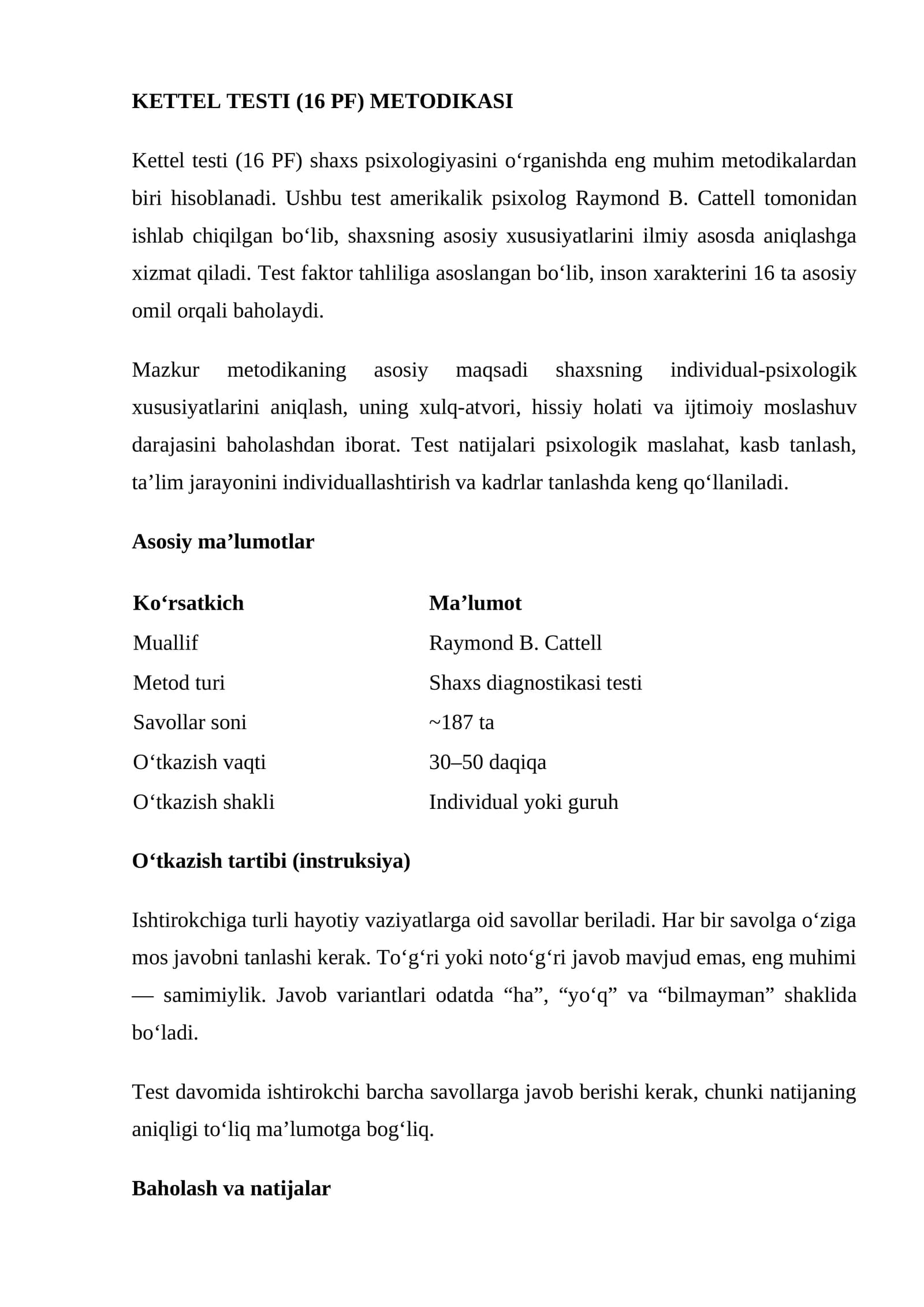 KETTEL TESTI (16 PF) METODIKASI