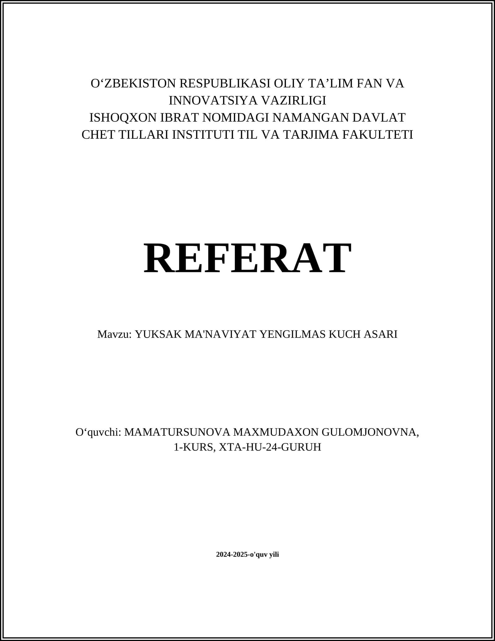 YUKSAK MA'NAVIYAT YENGILMAS KUCH ASARI