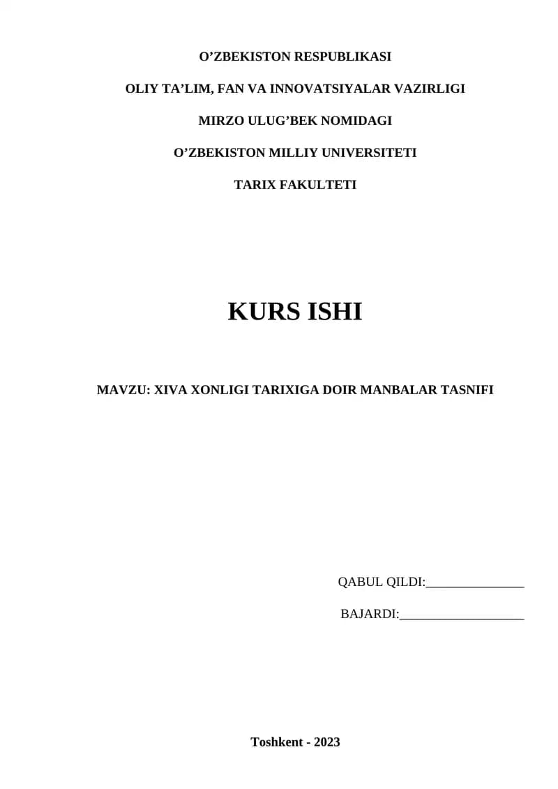 XIVA XONLIGI TARIXIGA DOIR MANBALAR TASNIFI