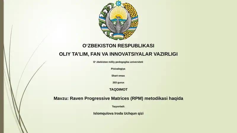 Raven Progressiv Matritsalari (RPM) Metodikasi
