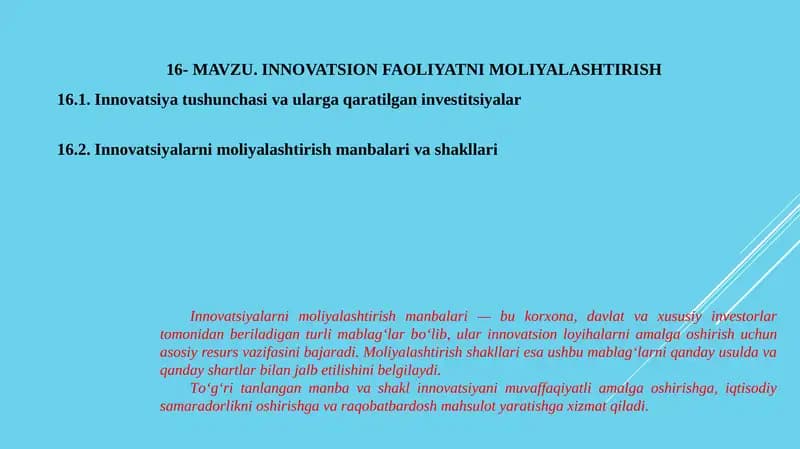 INNOVATSION FAOLIYATNI MOLIYALASHTIRISH
