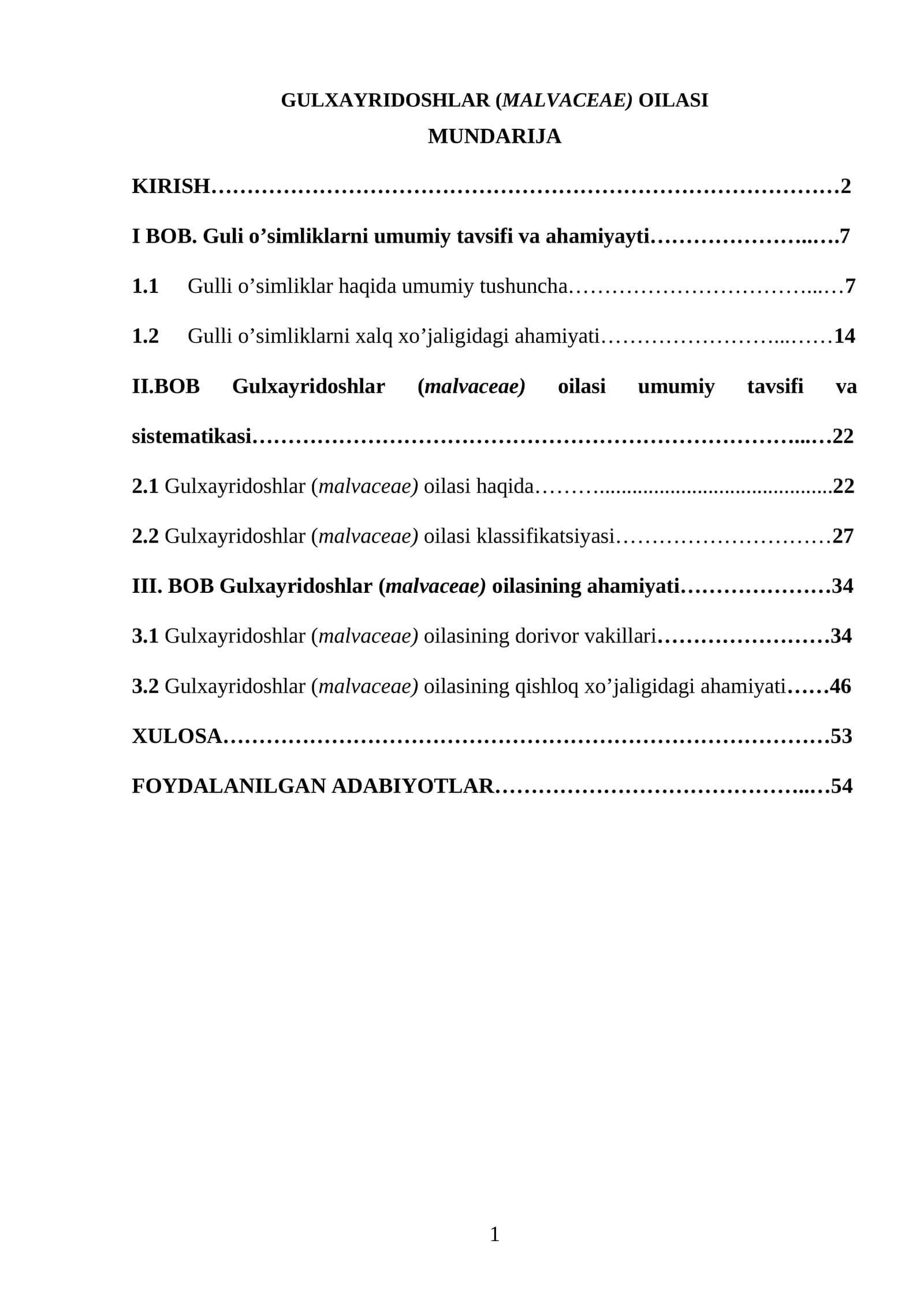 GULXAYRIDOSHLAR (MALVACEAE) OILASI