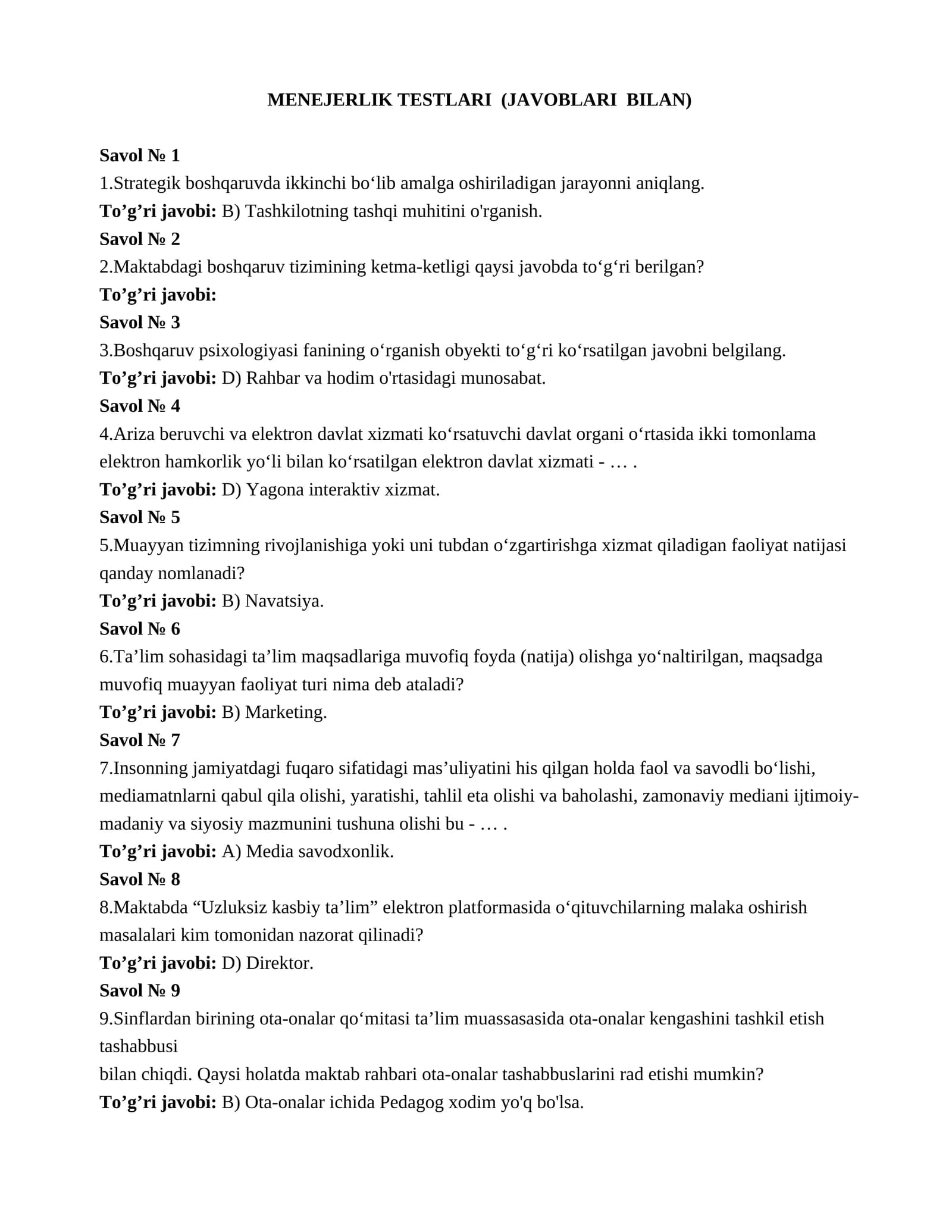 MENEJERLIK TESTLARI (JAVOBLARI BILAN)