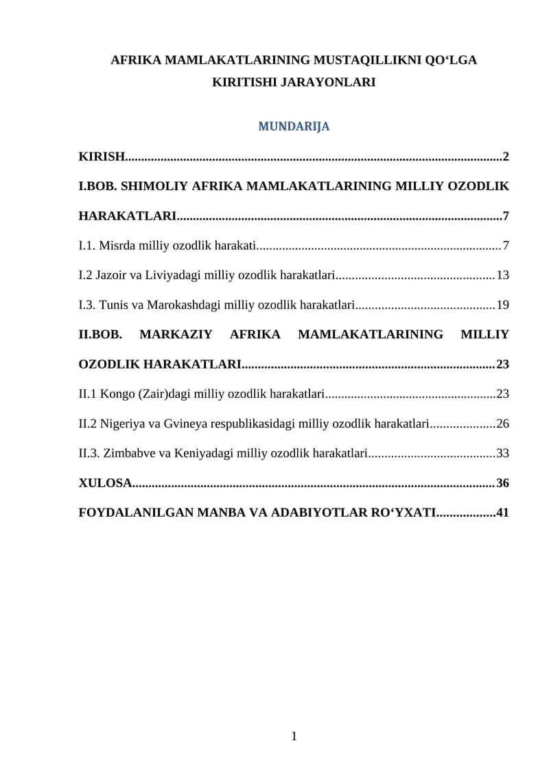 AFRIKA MAMLAKATLARINING MUSTAQILLIKNI QO‘LGA KIRITISHI JARAYONLARI