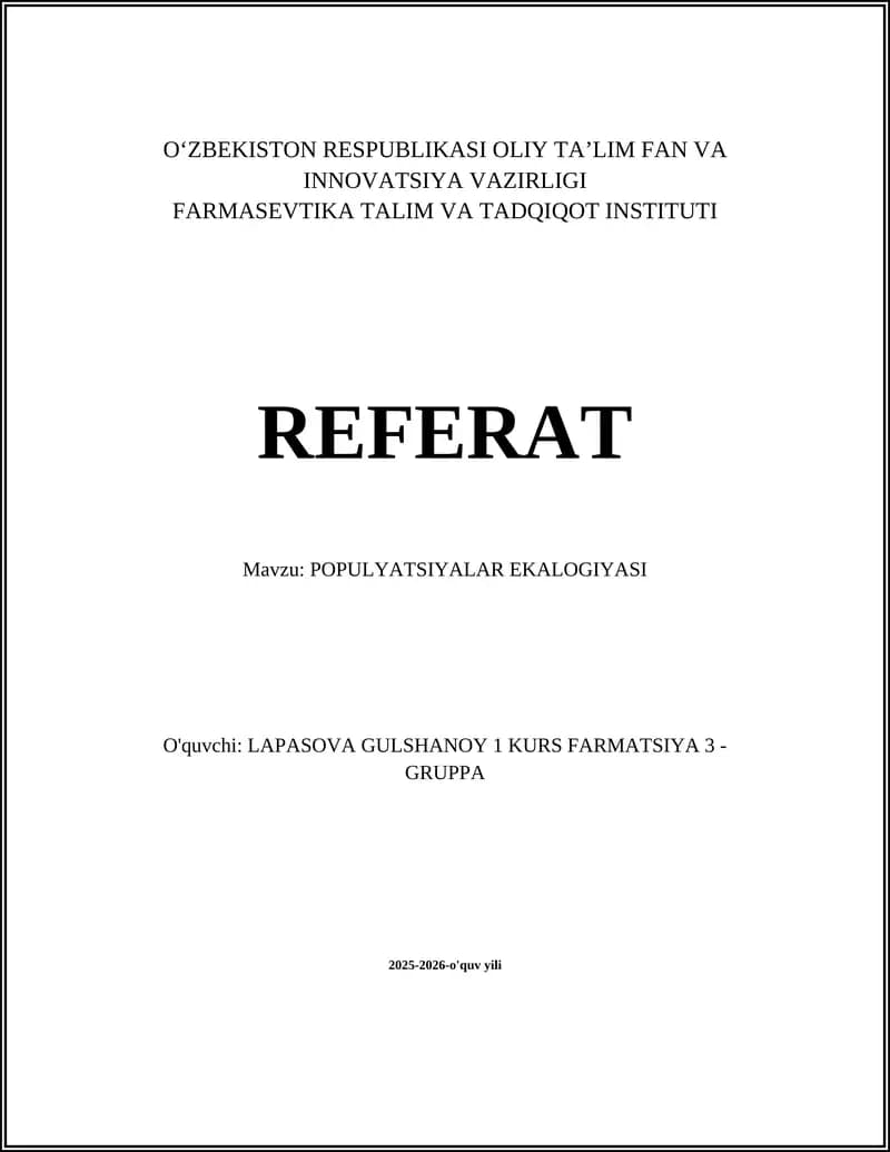 POPULYATSIYALAR EKALOGIYASI