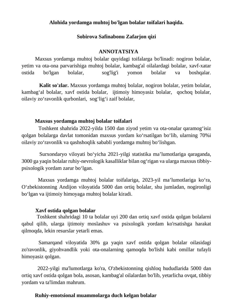 Maxsus yordamga muhtoj bolalar