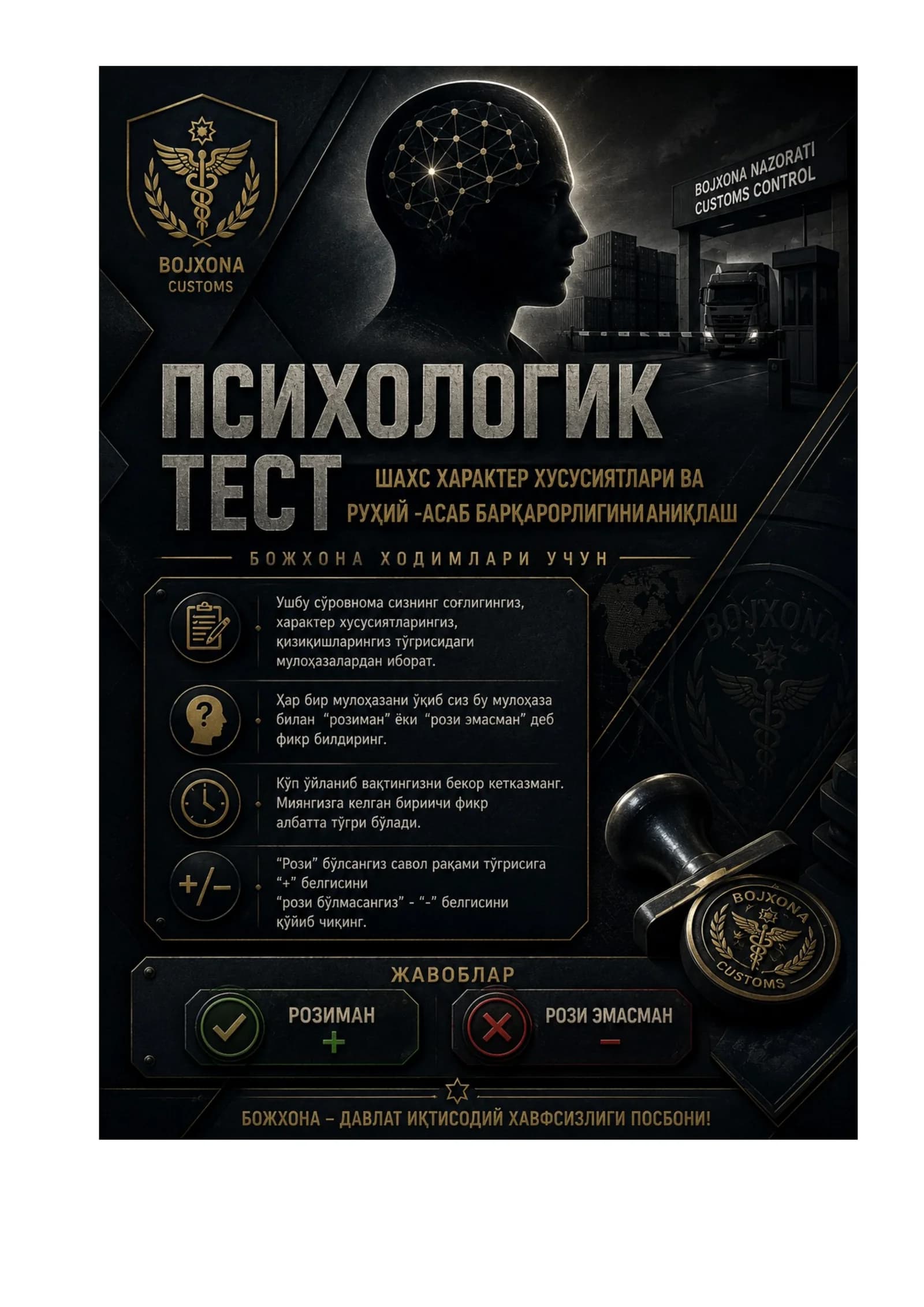 Bojxonaga kiruvchilar uchun test savolari xxxx