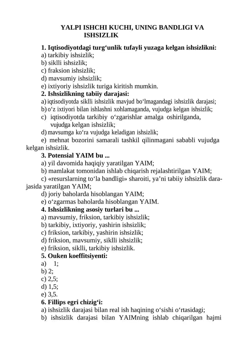 YALPI ISHCHI KUCHI, UNING BANDLIGI VA ISHSIZLIK