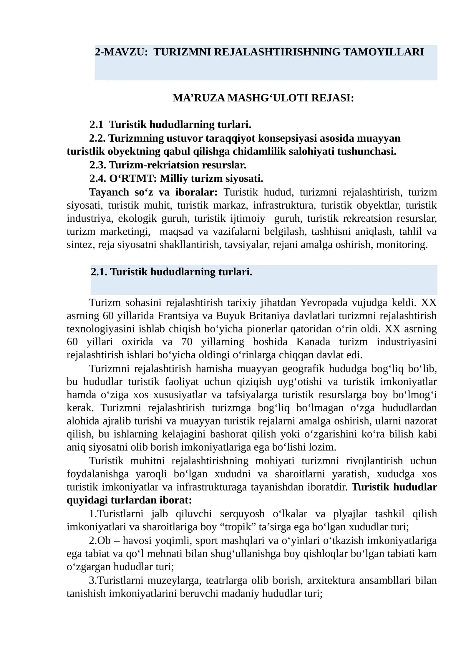 TURIZMNI REJALASHTIRISHNING TAMOYILLARI