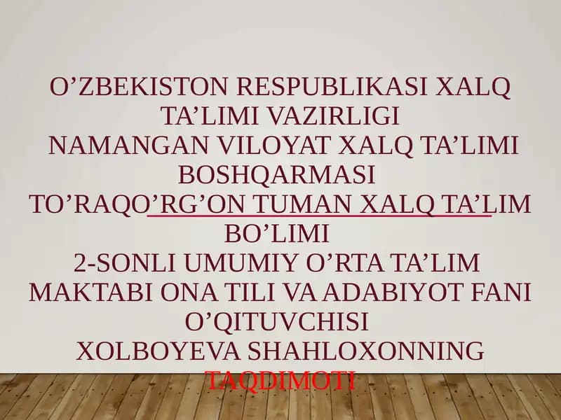 Xolboyeva Shahloxonning Taqdimoti