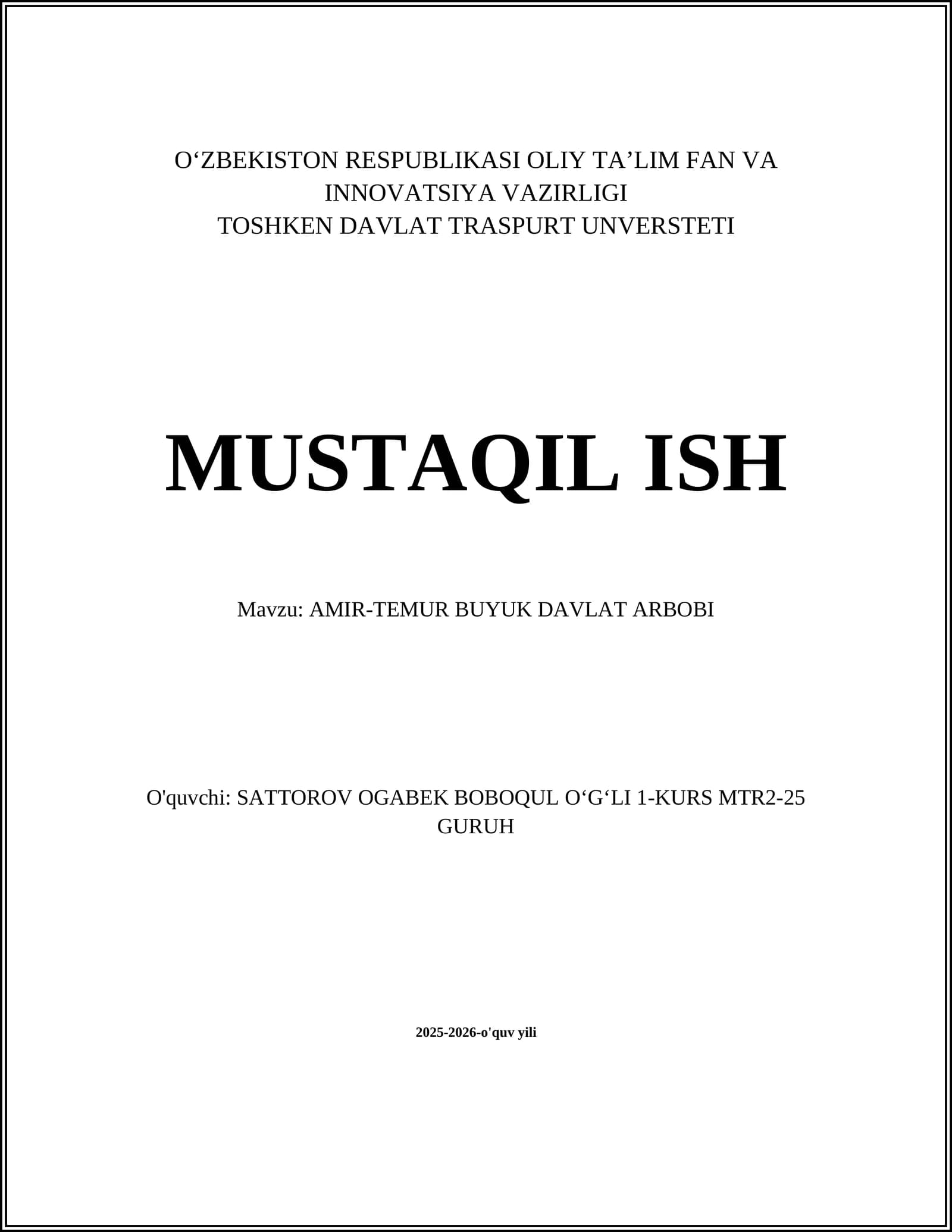 AMIR-TEMUR BUYUK DAVLAT ARBOBI