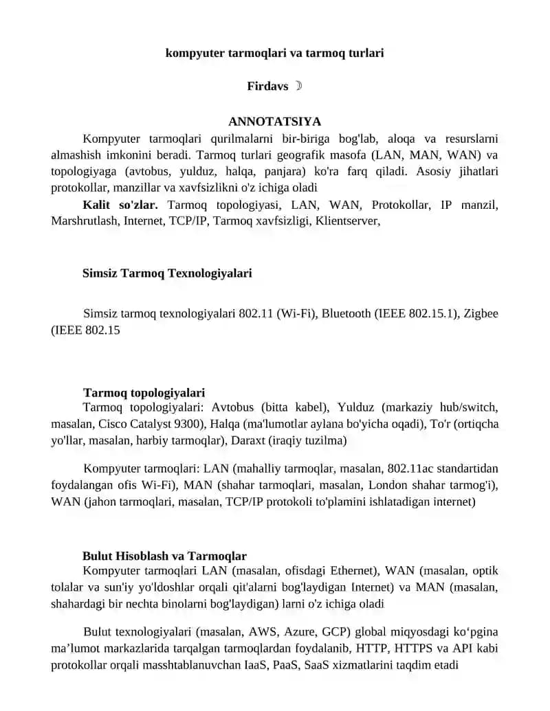 Kompyuter tarmoqlari va tarmoq turlari