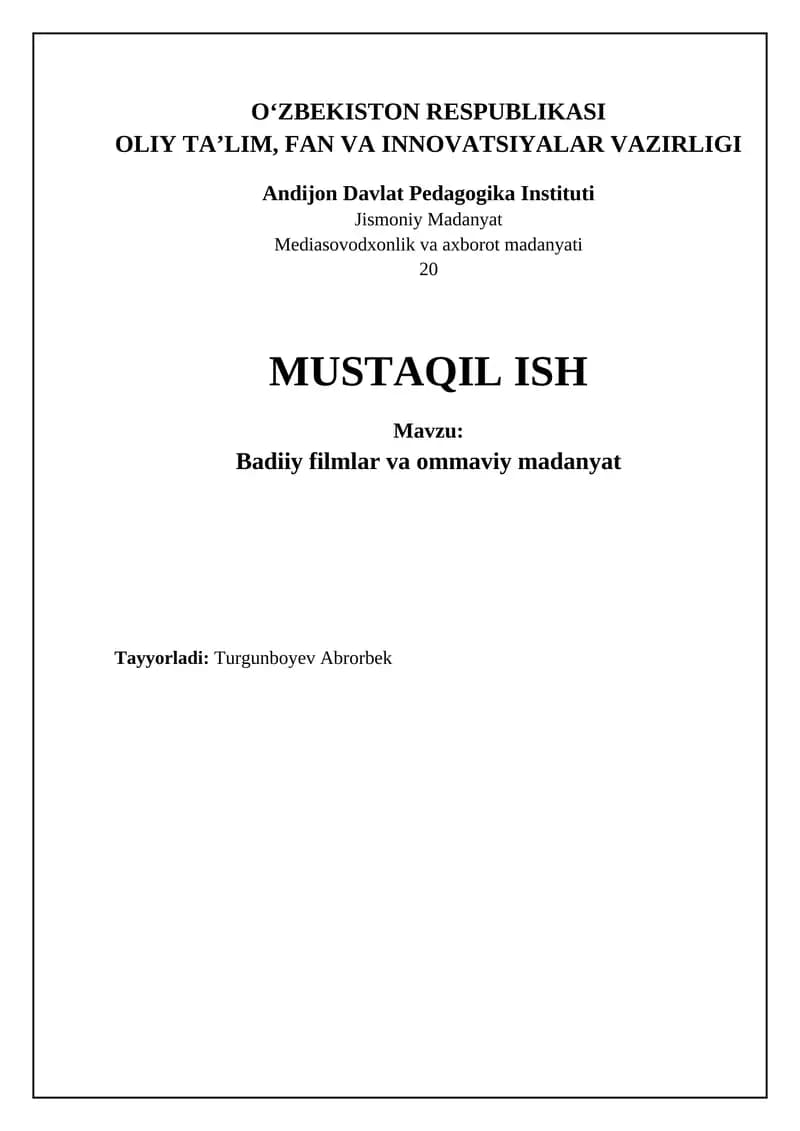 Badiiy filmlar va ommaviy madanyat