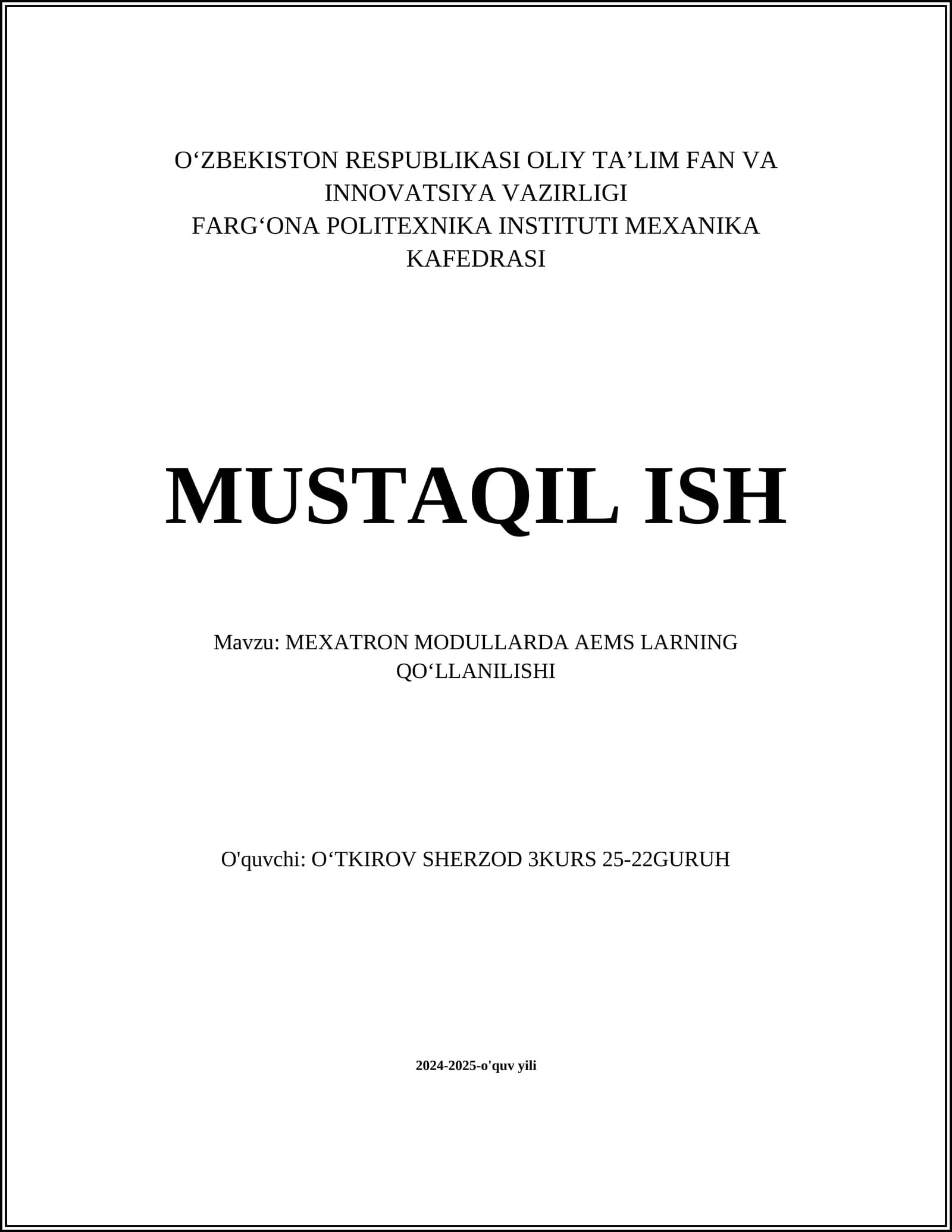 MEXATRON MODULLARDA AEMS LARNING QOʻLLANILISHI