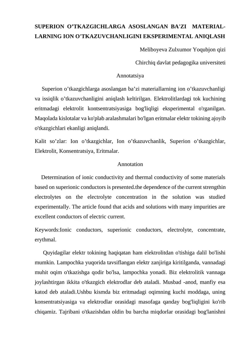 SUPERION O’TKAZGICHLARGA ASOSLANGAN BA'ZI MATERIAL-LARNING ION O'TKAZUVCHANLIGINI EKSPERIMENTAL ANIQLASH
