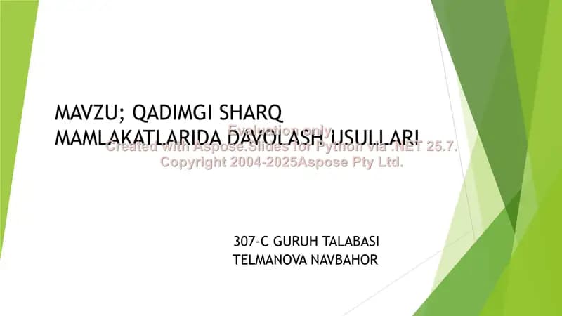 QADIMGI SHARQ MAMLAKATLARIDA DAVOLASH USULLARI