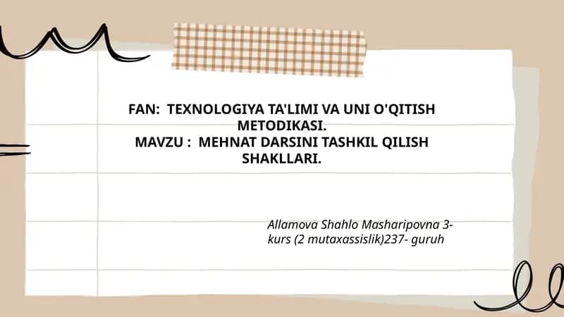 MEHNAT DARSINI TASHKIL QILISH SHAKLLARI