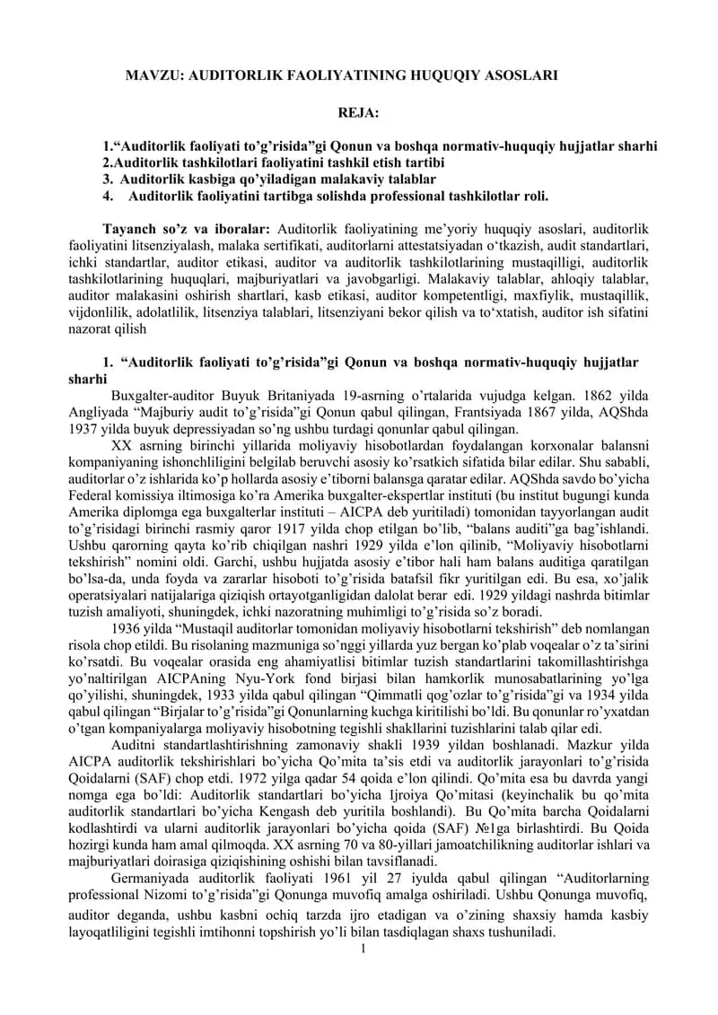AUDITORLIK FAOLIYATINING HUQUQIY ASOSLARI