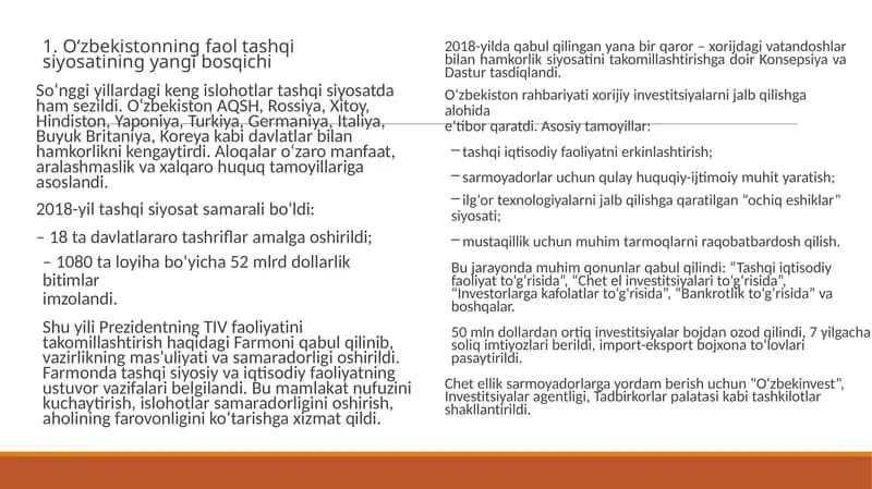 O‘zbekistonning faol tashqi siyosatining yangi bosqichi