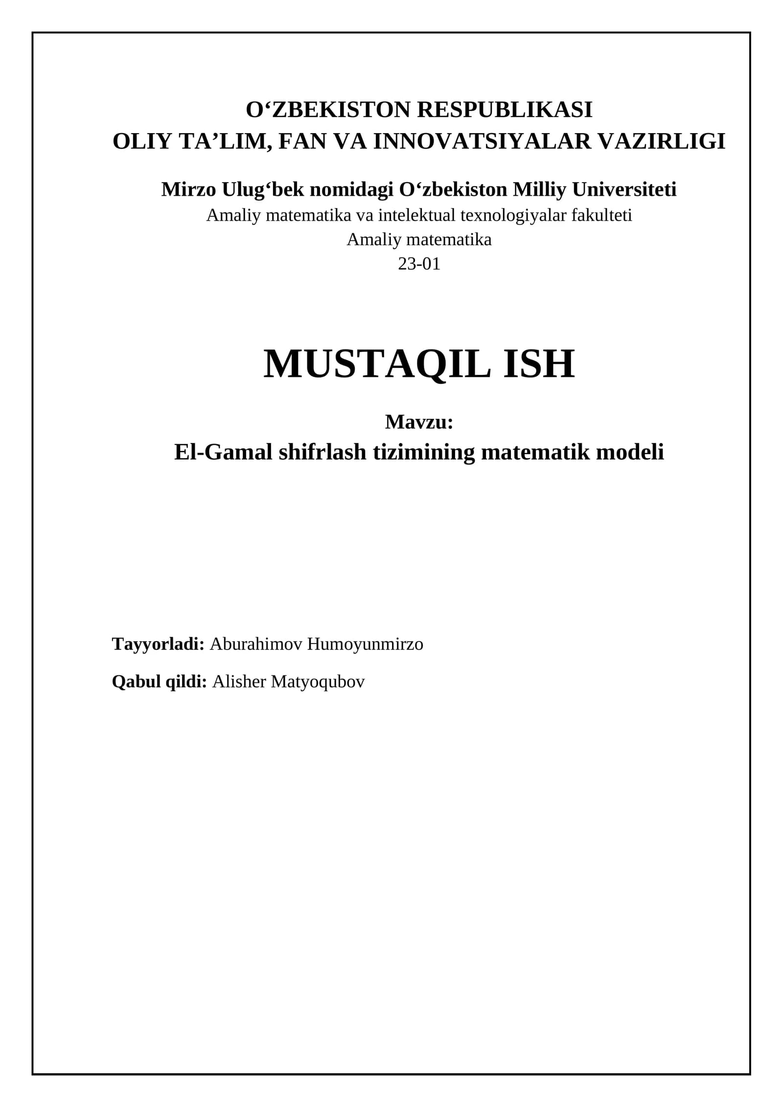 El-Gamal shifrlash tizimi: Asoslar va matematik model